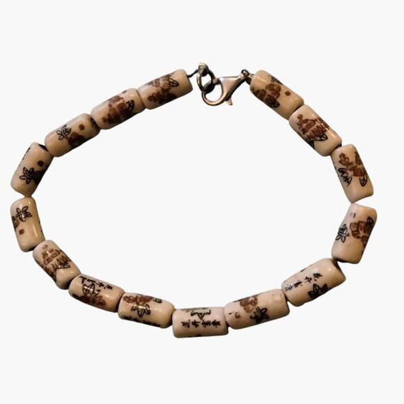 Asian Floral Ceramic Beaded Bracelet Translates Flower Bloom Wealth - Picture 2 of 8